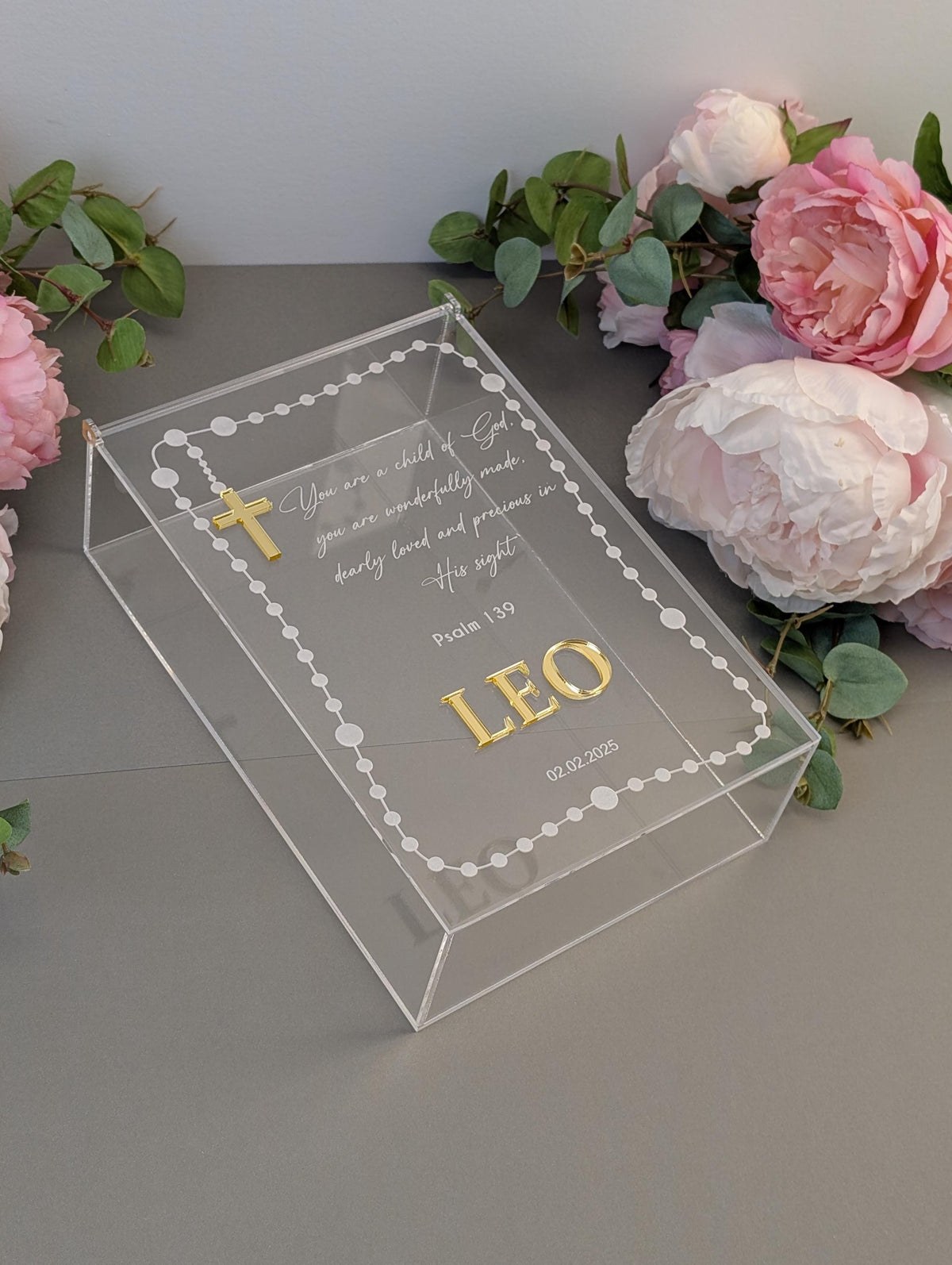 Acrylic Keepsake Box | Personalized Lid with details Baptism First Communion and More