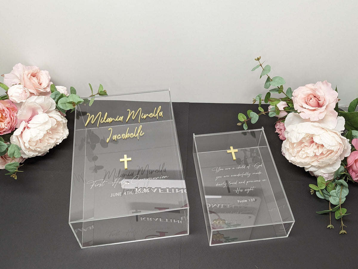 Acrylic Keepsake Box | Personalized Lid with details Baptism First Communion and More