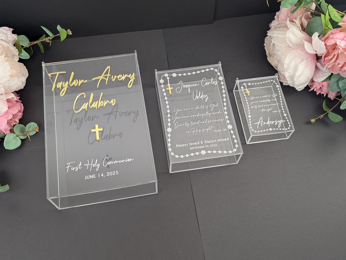 Acrylic Keepsake Box | Personalized Lid with details Baptism First Communion and More