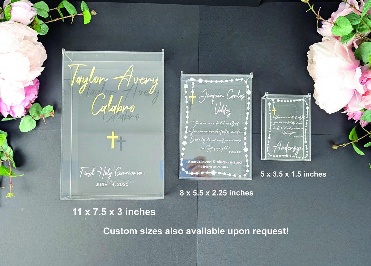 Acrylic Keepsake Box | Personalized Lid with details Baptism First Communion and More