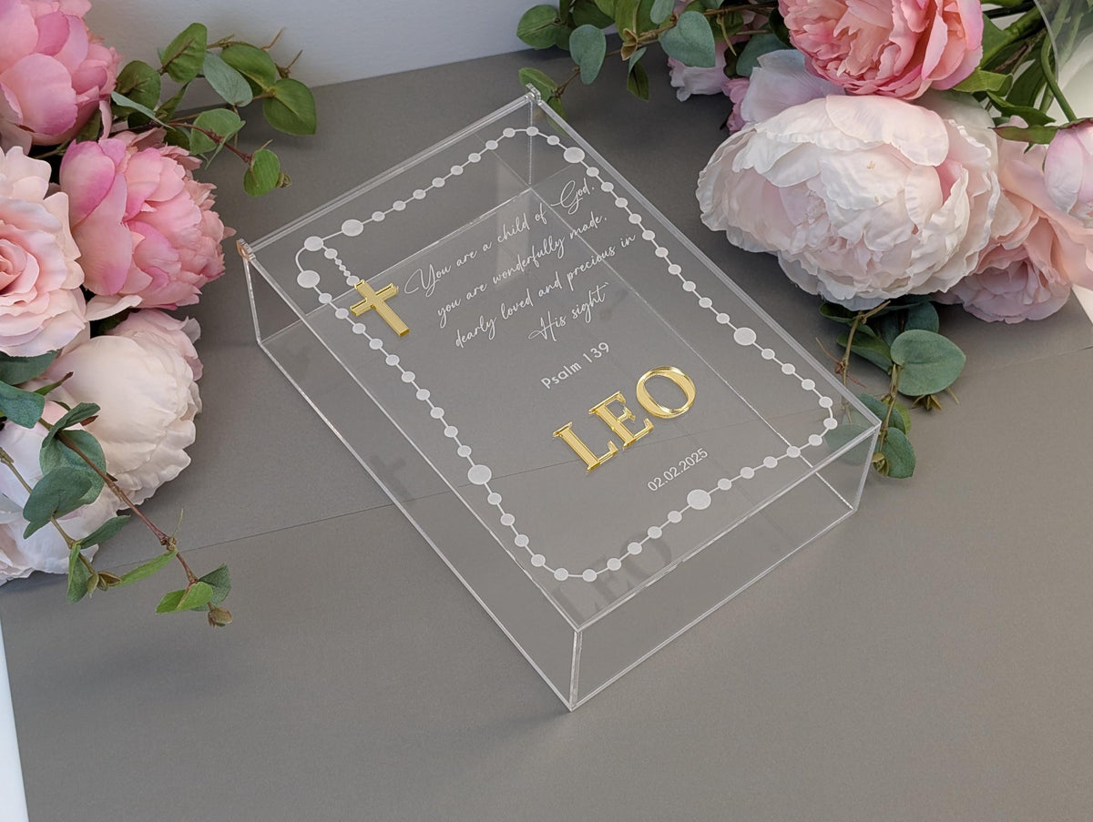 Acrylic Keepsake Box | Personalized Lid with details Baptism First Communion and More