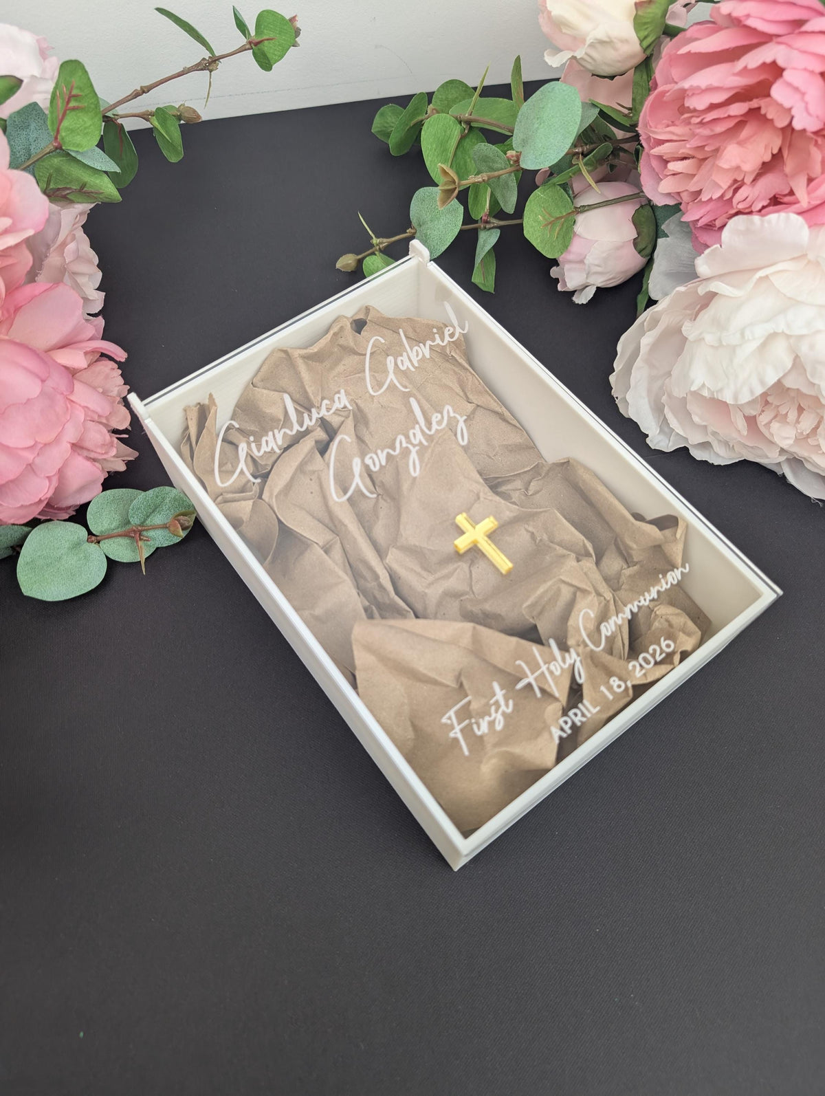 Acrylic Keepsake Box | Personalized Lid with details Baptism First Communion and More
