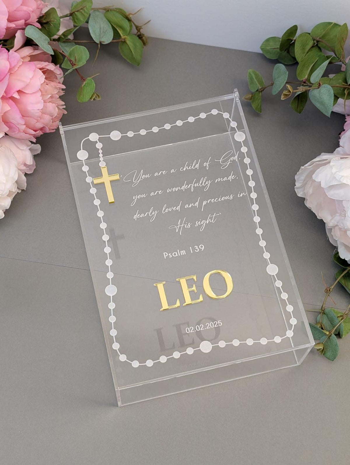 Acrylic Keepsake Box | Personalized Lid with details Baptism First Communion and More